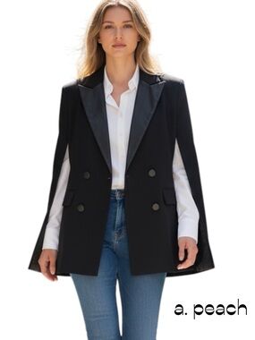 a. peach Black Double Breasted Satin Collar Cape Coat NWOT Size L